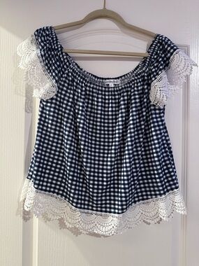 Roommates Navy and White Gingham Off-Shoulder Top with Lace Trim Size XL